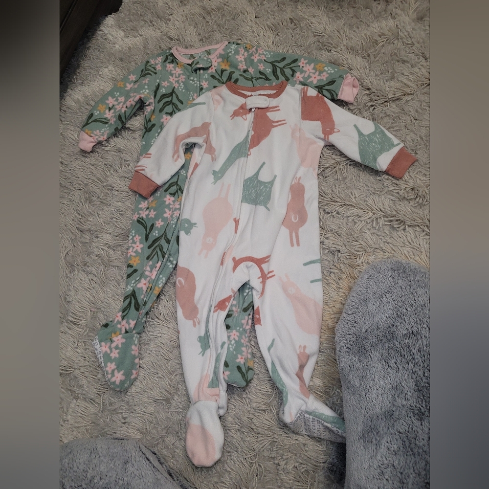 Set Of 2 - Carter's Pink and Green Animal Print And Floral Footies